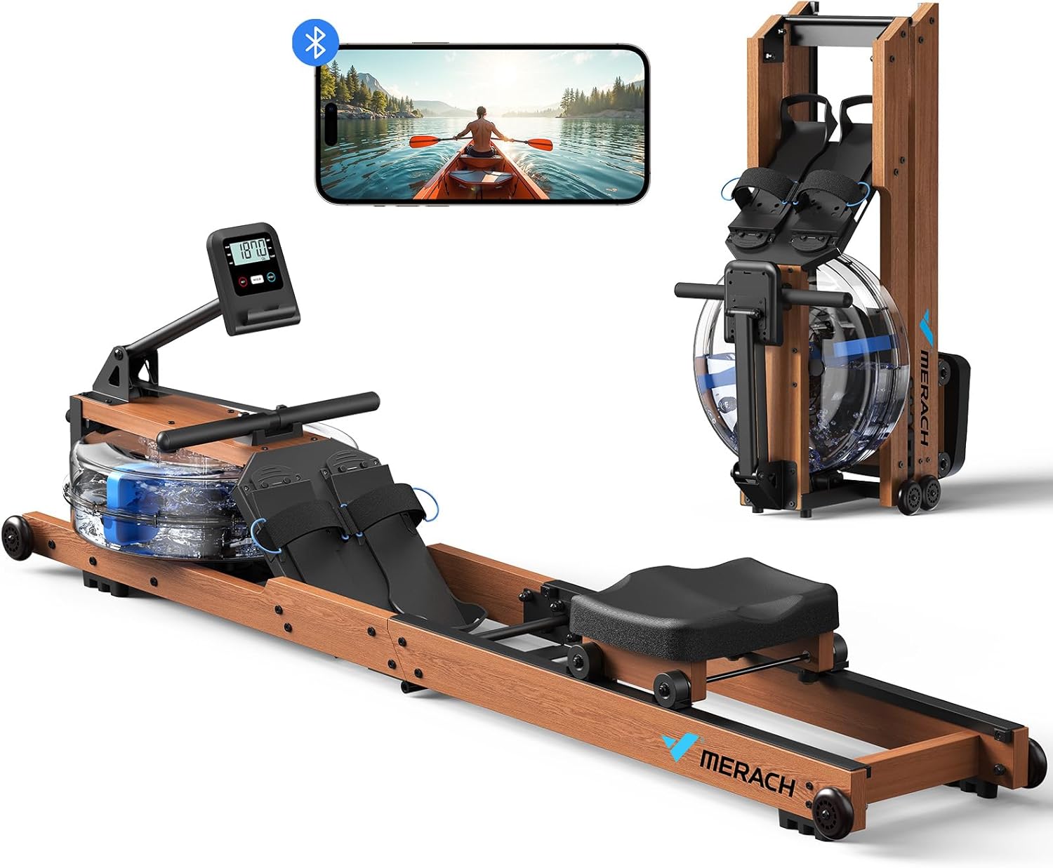 MERACH Foldable Wood Rowing Machine for Home Gym, Water Resistance Rower Machine with 180 kg Weight Capacity, Dedicated Monitor and Comfortable Seat, Free MERACH App for Immersive Workout