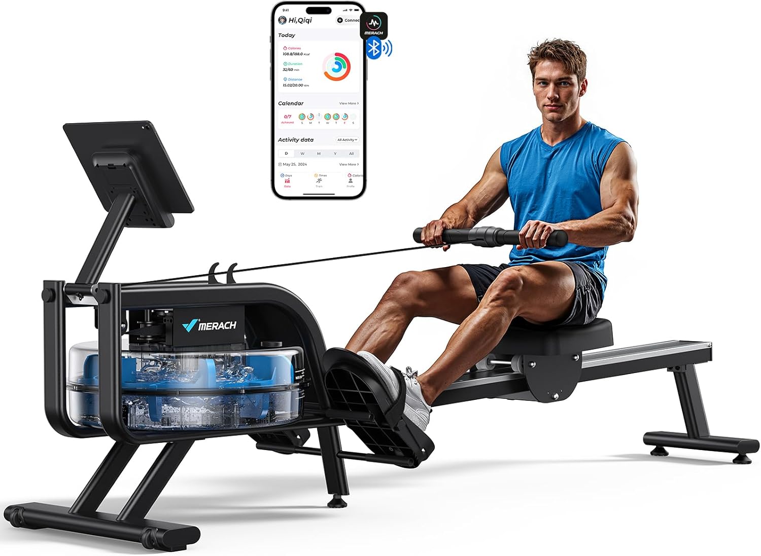 MERACH Rowing Machine for Home Gym, Fitness Rower Machine with 6 Levels of Water Resistance, Built-in Monitor, Max 150 kg Weight Capacity, App Compatible