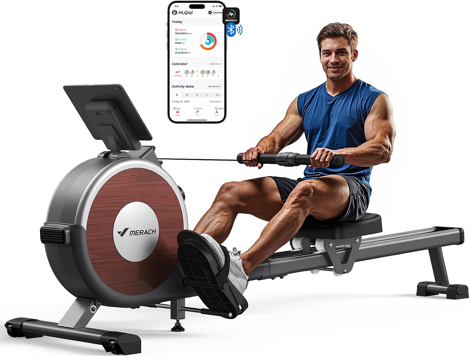 MERACH Rowing Machine for Home Gym, Magnetic Rower with 16 Levels of Quiet Resistance, Dual Slide Rails, 158 kg Weight Capacity, App Compatible