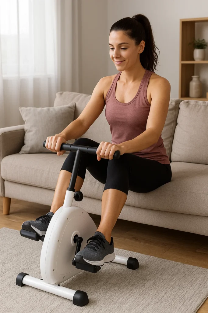 Woman exercising on a compact stationary mini exercise bike while seated on a sofa in a bright living room
