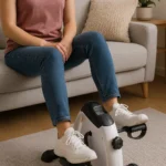 “Person pedaling a compact under‑desk exercise bike while seated on a sofa in a living room”.