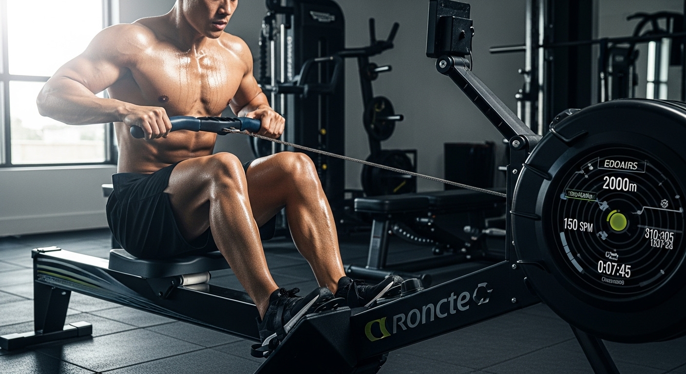 Muscular man using professional rowing machine in modern gym showing proper rowing technique with detailed performance display showing 2000m distance, 150 SPM stroke rate and workout timer