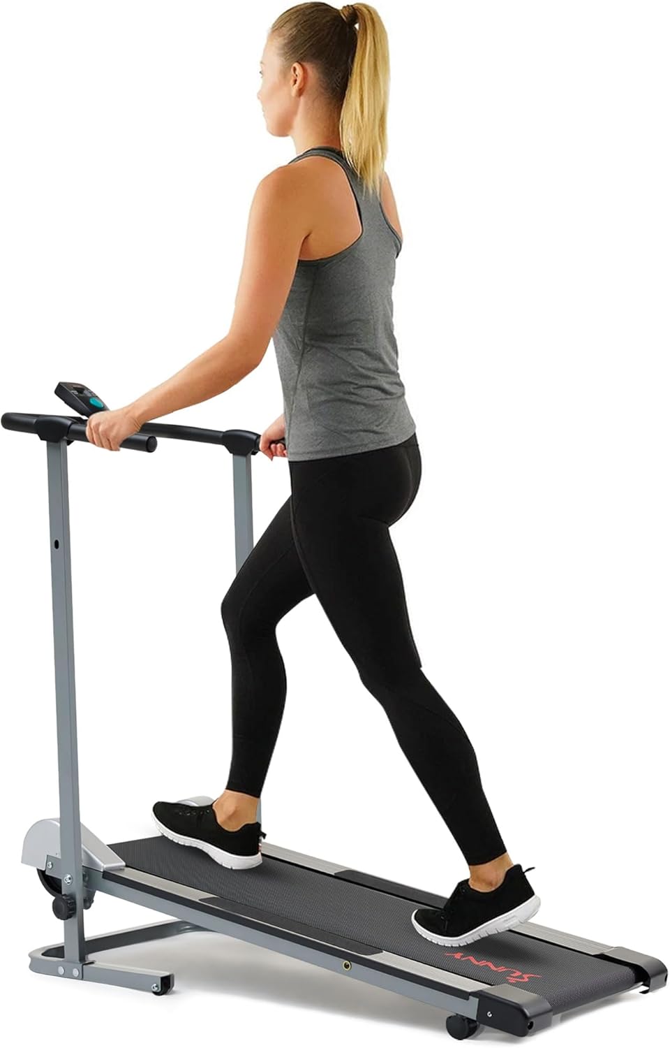Sunny Health & Fitness Compact & Foldable Treadmill, Manual Treadmill with LCD Display, Non-Slip Surface, Optional Dual Mode Walking/Running, Non-Electric, Fixed Incline fro Home Cardio Exercise