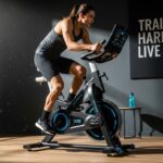 Woman riding an XS Sports exercise bike in a modern home gym, focused on an indoor cycling workout beside a large window, with a motivational “Train Hard. Live Fit.” poster and a water bottle on a small table.