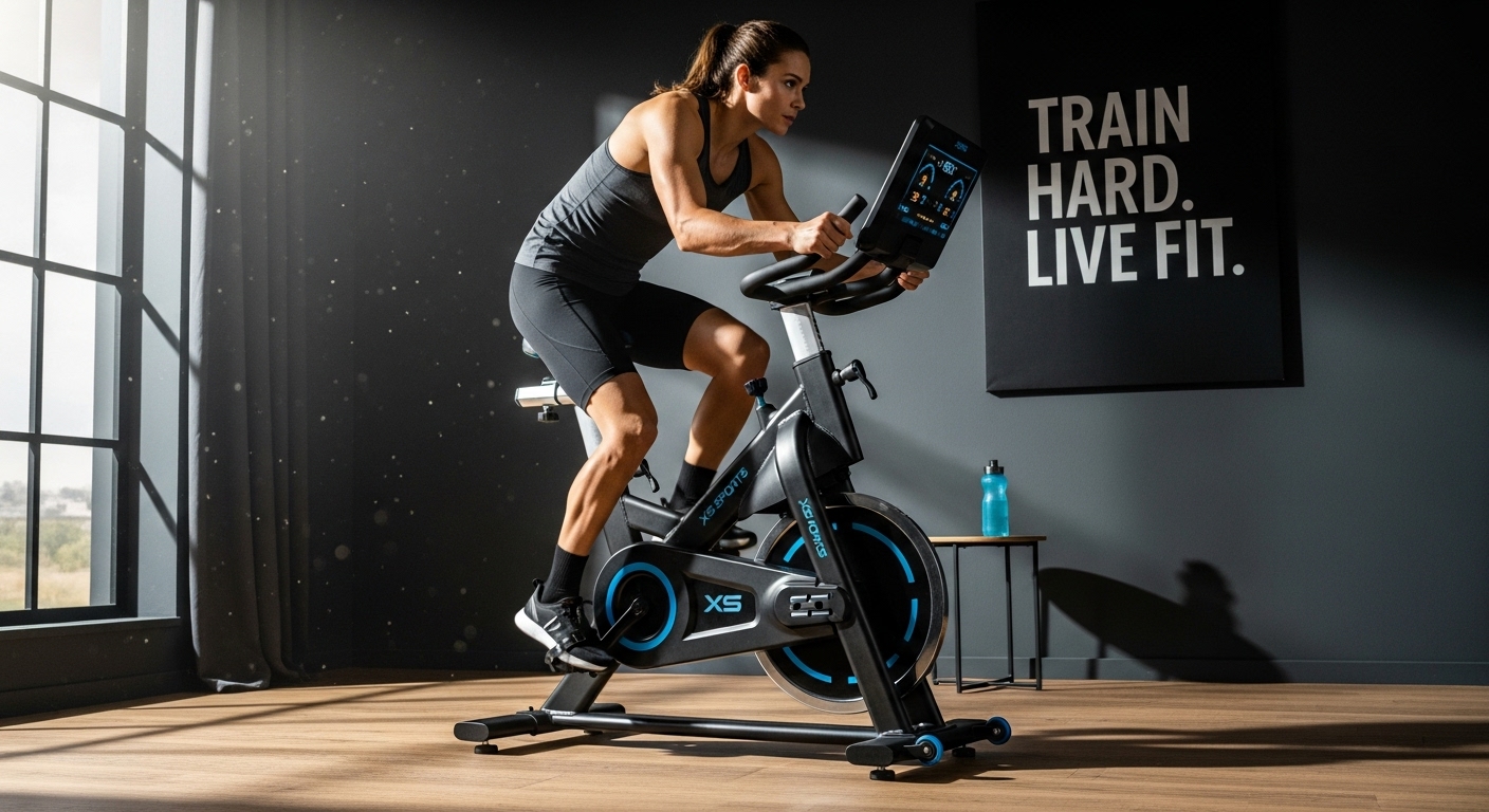 Woman riding an XS Sports exercise bike in a modern home gym, focused on an indoor cycling workout beside a large window, with a motivational “Train Hard. Live Fit.” poster and a water bottle on a small table.