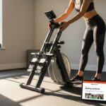 Best Foldable Rowing Machine: Expert Picks Woman in athletic wear folds a compact rowing machine upright in a sunlit home gym, with a yoga mat, dumbbells, and a tablet on the floor displaying a rowing‑machines article nearby.