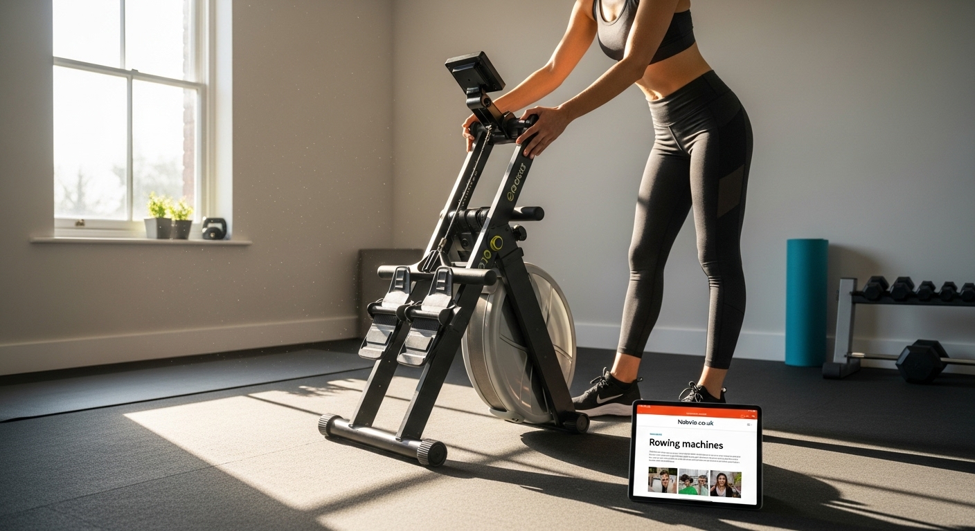 Woman in athletic wear folds a compact rowing machine upright in a sunlit home gym, with a yoga mat, dumbbells, and a tablet on the floor displaying a rowing‑machines article nearby.