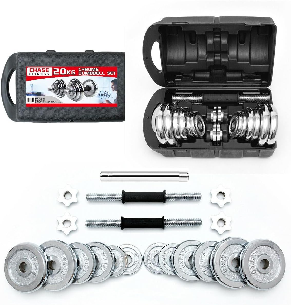 Chase Fitness Chrome Cast Iron Dumbbells Barbell 20kg Weight Set
