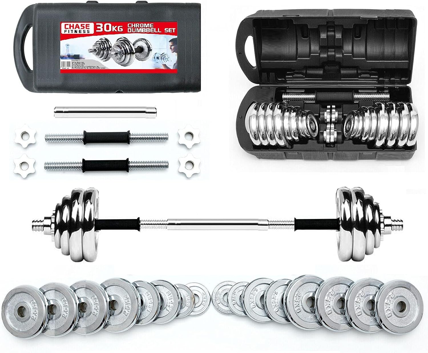 Chase Fitness Chrome Cast Iron Dumbbells Barbell 30kg Free Weights Set for Home Gym