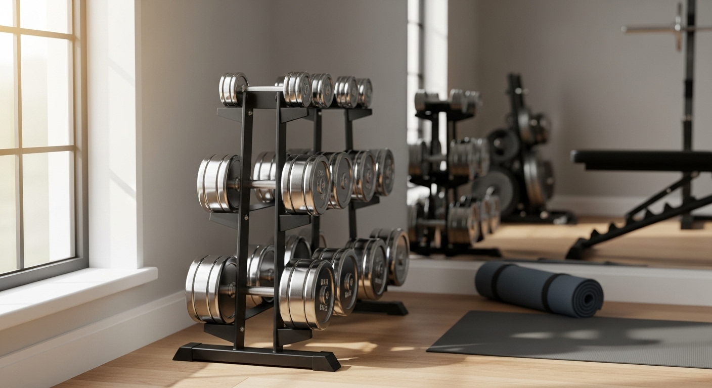 A modern home gym setup featuring a three-tier black metal dumbbell rack holding multiple pairs of chrome dumbbells of varying weights arranged in ascending order. The dumbbells display a shiny, polished chrome finish that reflects natural light from a large window on the left side. In the background, additional gym equipment including weight plates on stands and exercise machines are visible on light wooden flooring. A gray exercise mat is partially rolled out in the foreground. The space has a minimalist, professional aesthetic with gray walls and warm wood floors, creating an organized and inviting workout environment.