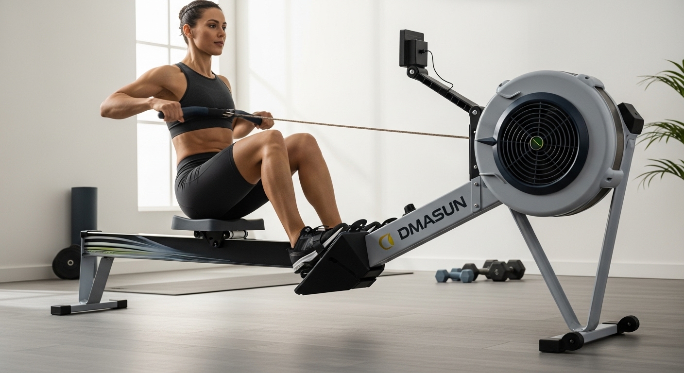 Athletic woman in black workout attire using a DMASUN rowing machine in a modern home gym setting, demonstrating proper rowing form with natural lighting from large windows and minimalist décor including dumbbells and plants