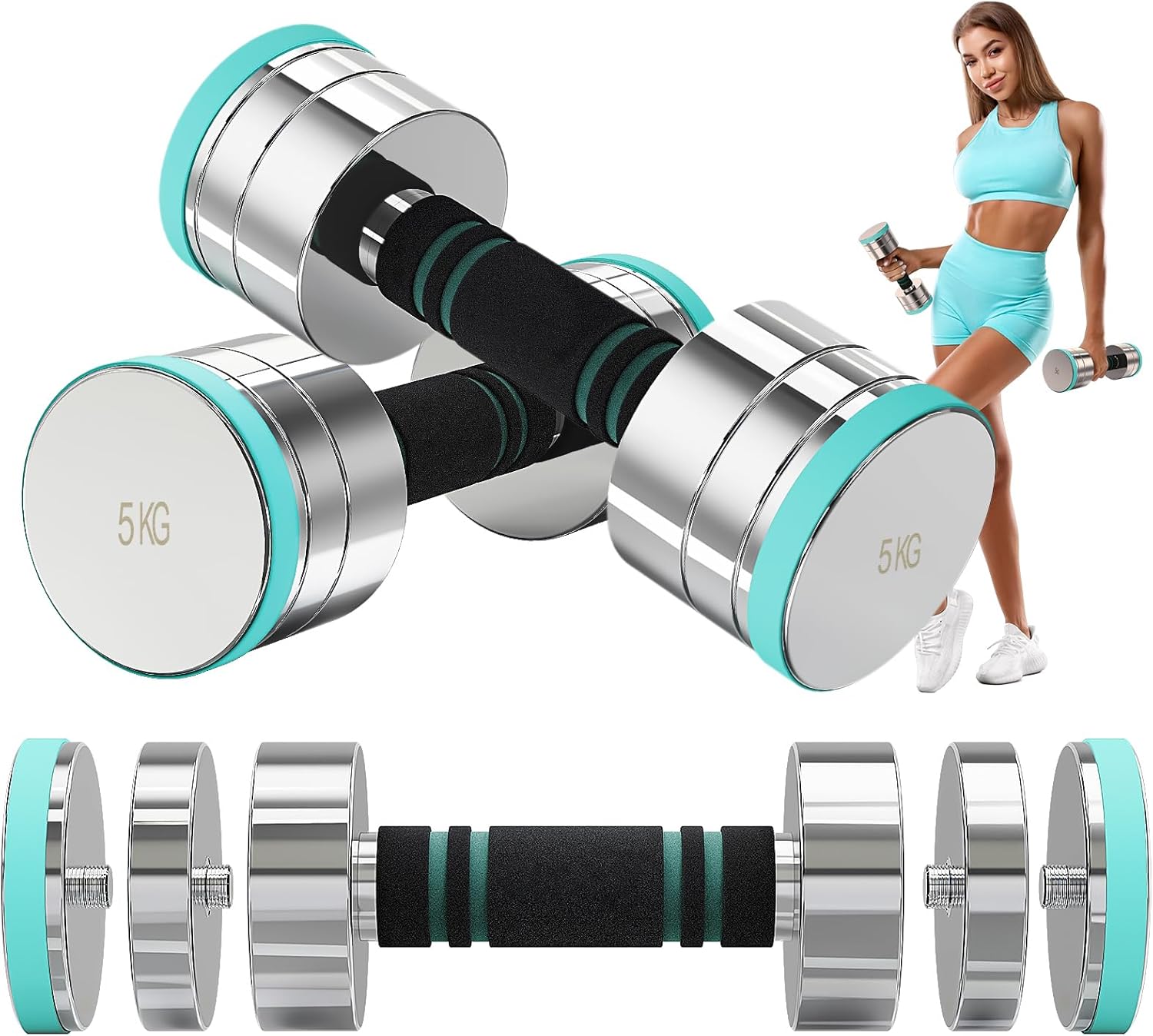 Dripex Steel Adjustable Dumbbells Set 2.5kg 5kg 7.5kg 10kg 15kg 25kg Dumbbells Pair Hand Weights with Foam Handle for Men Women Home Gym Fitness Dumbbell Training