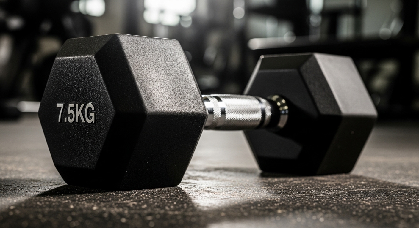 Close-up of a single 7.5 kg hex dumbbell resting on a gym floor, with a knurled chrome handle and blurred workout equipment in the background.