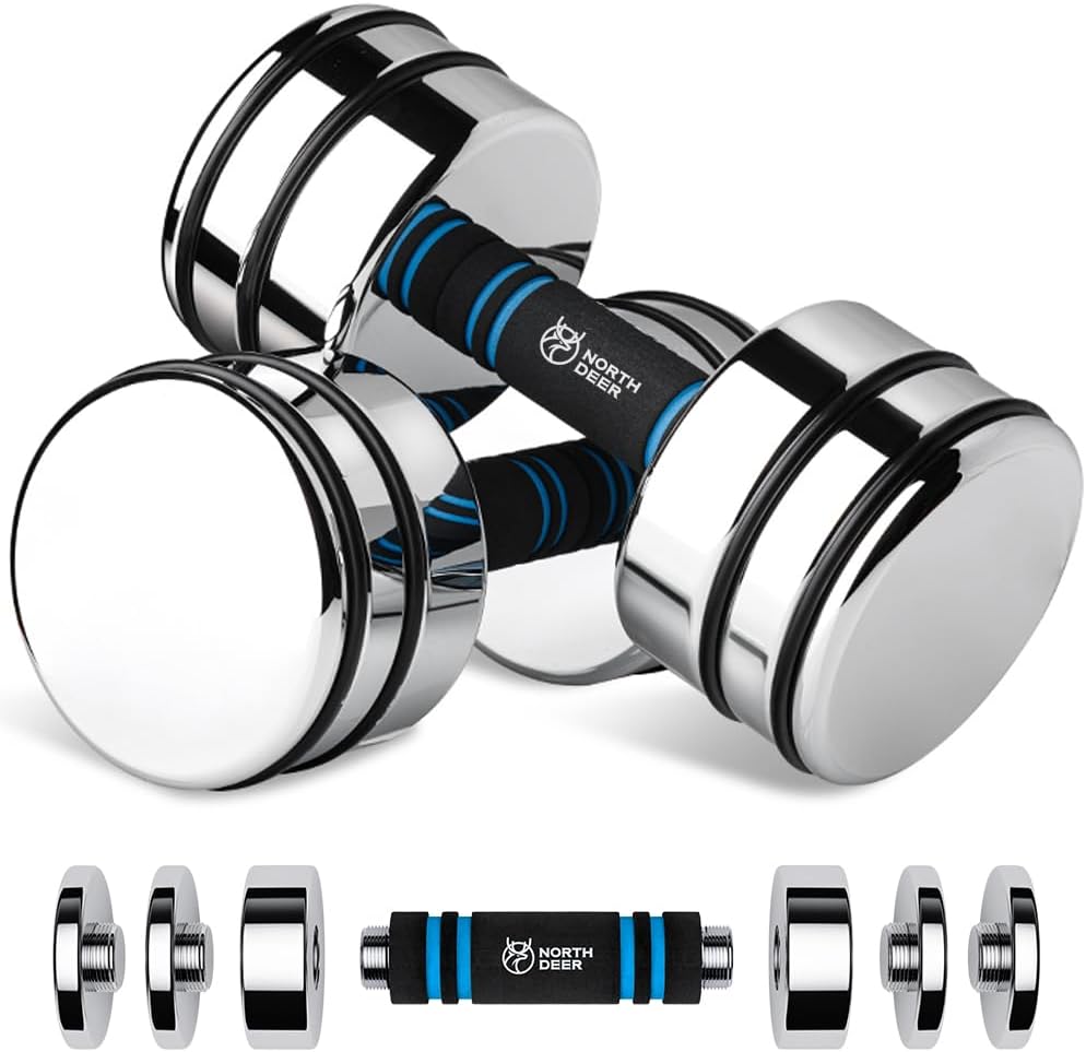 Northdeer Steel Dumbbells Ultracompact Adjustable 2.5kg 5kg 7.5kg 10kg 15kg 25kg Chrome Dumbbell with Foam Handles Home Gym Workout (Choice of Size)