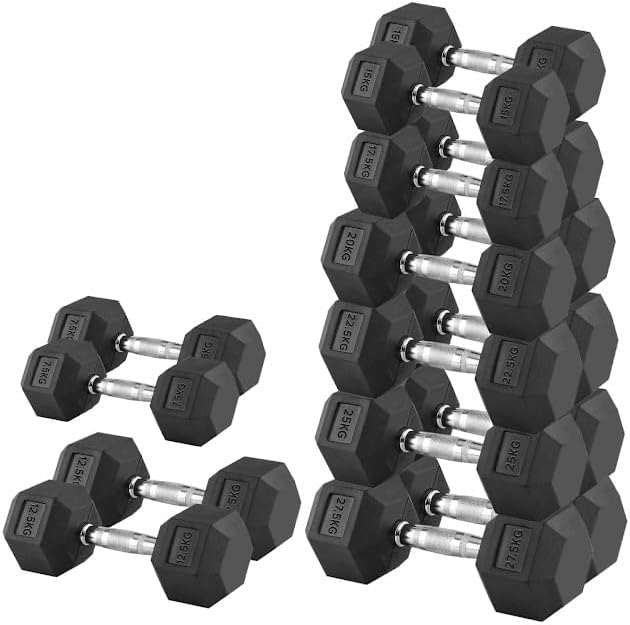 Shark Power Gear Hex Dumbbell Set, 7.5kg to 27.5kg Pairs, Rubber Coated, Chrome Steel Handle, Anti-Roll Design