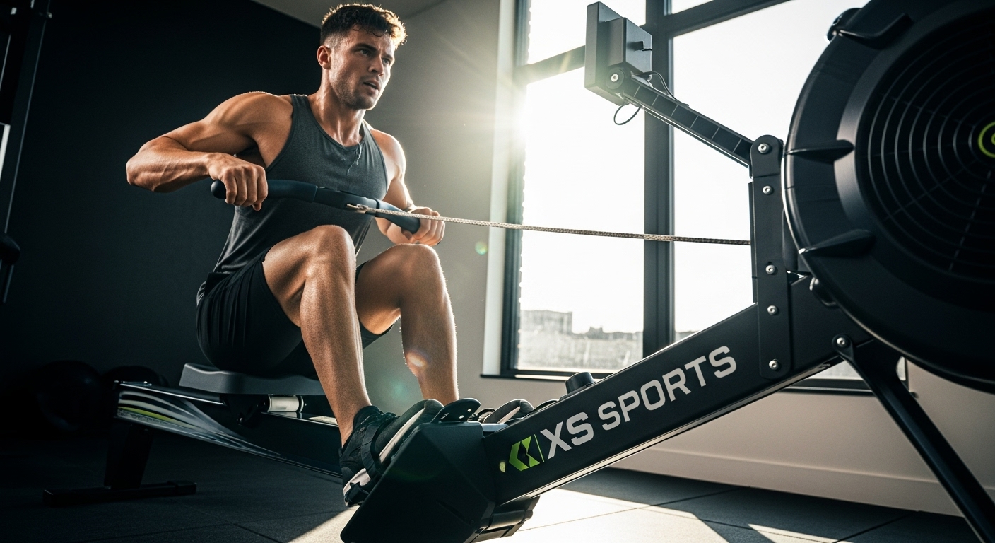 Fit male athlete performing rowing exercise on XS Sports branded rowing machine in contemporary fitness facility with natural lighting from floor-to-ceiling windows