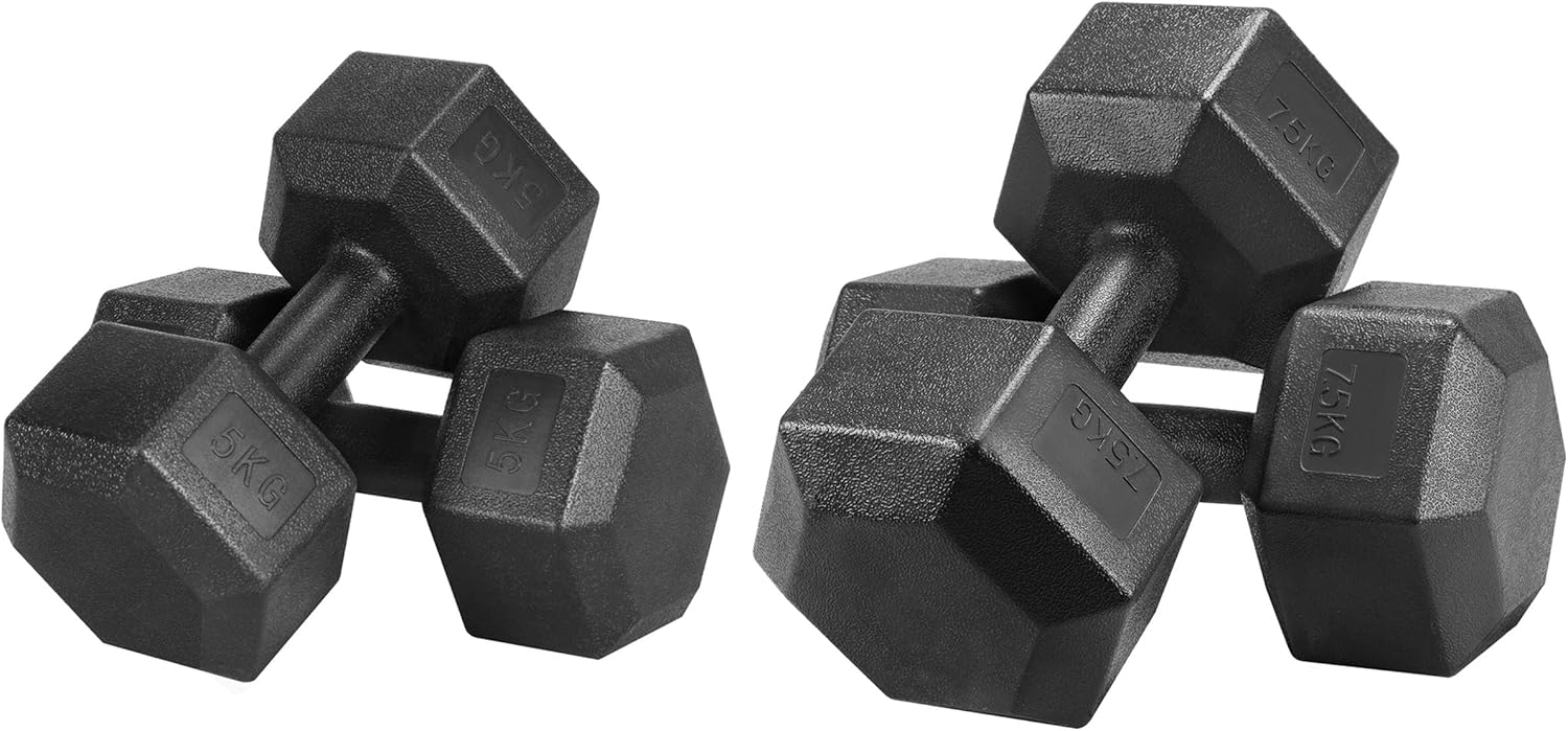 Yaheetech Dumbbells Set 2x5kg 2x7.5kg Weight Set Heavy Hex Hand Weight Total 10KG & 15KG Dumbbells for Home Gym Strength Training Black
