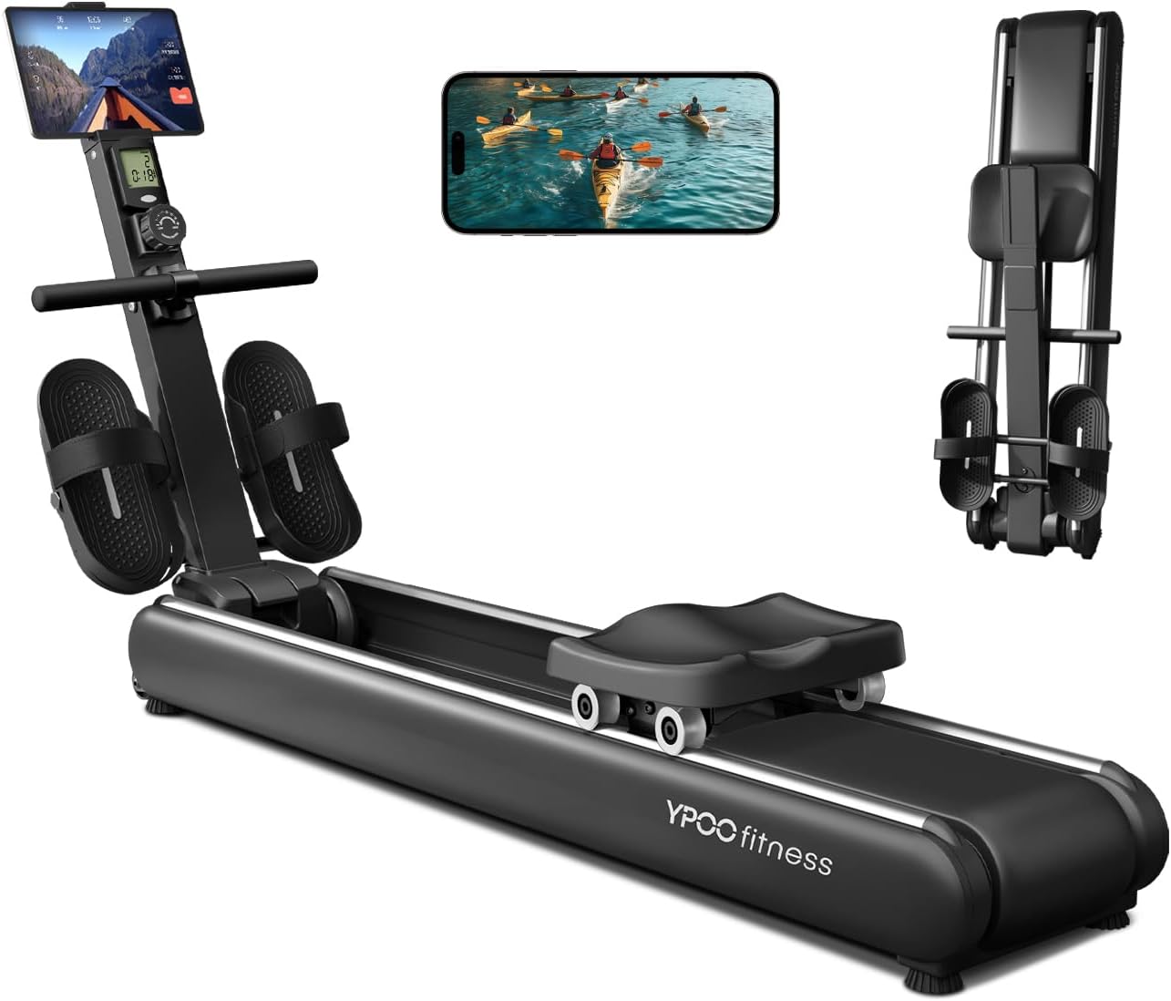 YPOO Rowing Machines, Magnetic Rowing Machines for Home Gym, 16 Levels Resistance Rowing Machine Foldable Quiet with Dual Slide Rail, 350lb Folding Rowing Machine with LCD Display Seat Cushion & App