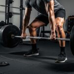 Build Muscle at Home: 60kg Barbell Sets Guide & Reviews Person in a gym setting preparing to deadlift a heavily loaded barbell, with dumbbell racks and a water bottle in the background.