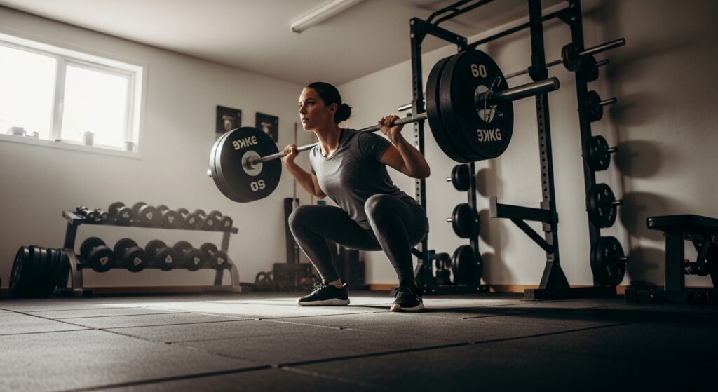 Woman performing a heavy barbell back squat in a home gym, with weight plates on the bar and dumbbells and a squat rack in the background.